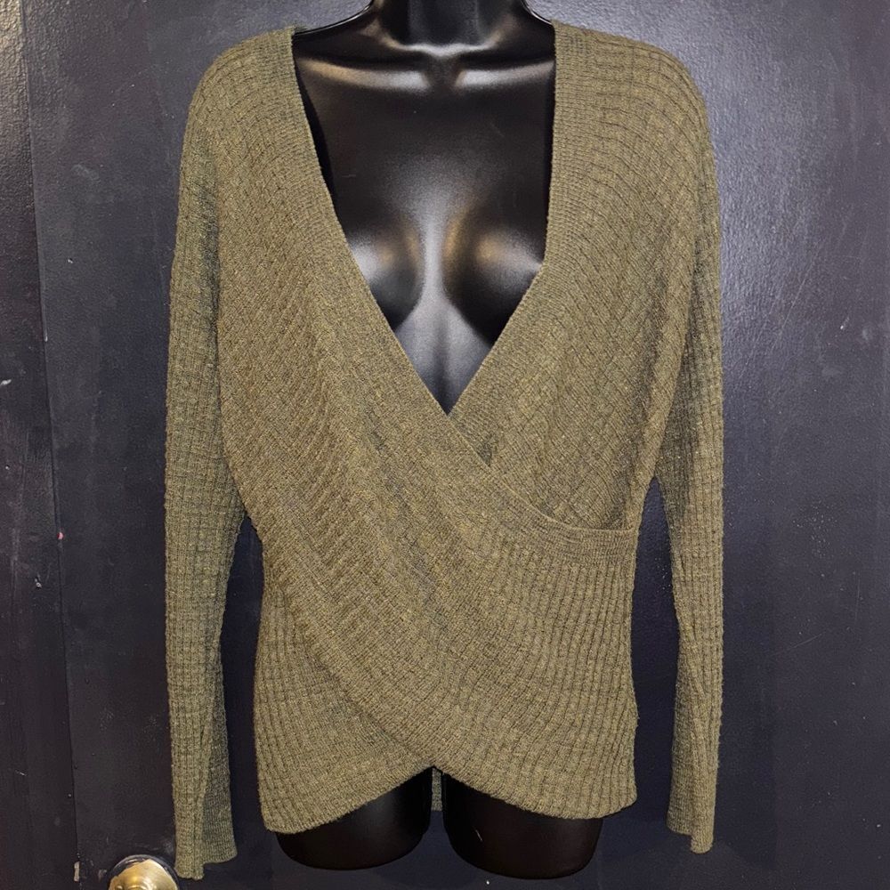 NWOT Express Olive waffle knit layering faux wrap Academia, top. Sz XS.